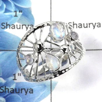 Rainbow Moonstone Cab E - SCR765 - Natural Rainbow Moonstone Gemstone 925 Sterling Silver Casting Design Ring