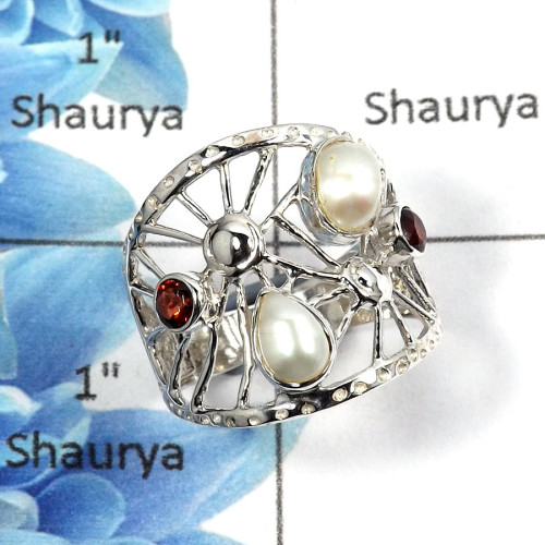 Pearl Cab & Garnet Cut F - SCR765 - 925 Sterling Silver Natural Freshwater Pearl & Garnet Gemstone Casting Design Ring