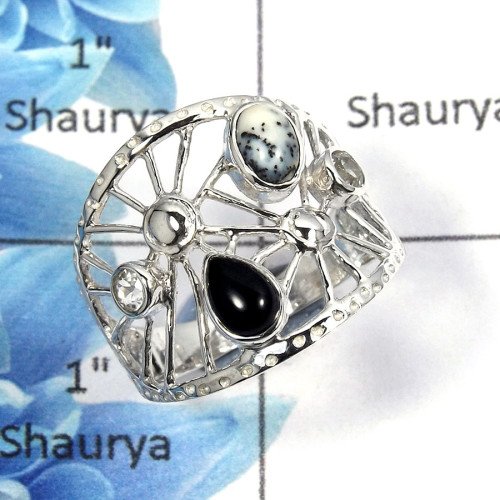 Dendritic Agate, Black Onyx & Crystal Cut G - SCR765 - Indian Factory Made Solid 925 Sterling Silver Casting Ring