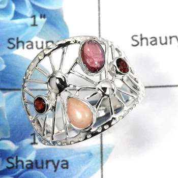 Pink Opal, Tourmaline Cab & Garnet Cut K - SCR765 - Indian Company Made Solid 92.5% Sterling Silver Casting Ring
