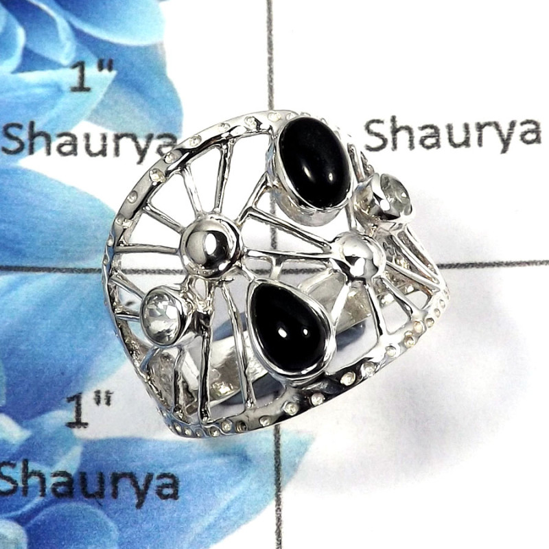 Black Onyx Cab & Crystal Cut O - SCR765 - Natural Black Onyx & Crystal Gemstone 925 Sterling Silver Casting Ring Black Onyx Cab & Crystal Cut O - SCR765 - Natural Black Onyx & Crystal Gemstone 925 Sterling Silver Casting Ring
