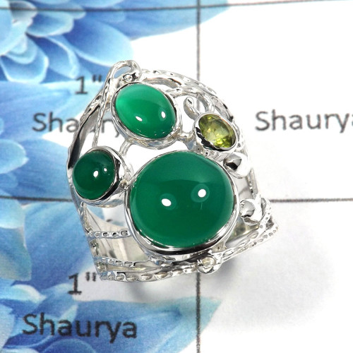Green Onyx Cab & Peridot Cut A - SCR767 - Indian Company Made Solid 925 Sterling Silver Casting Ring