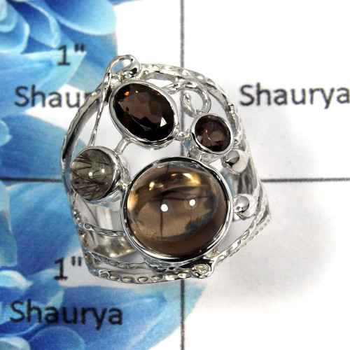 Smokey Cab & Black Rutile Cab B - SCR767 - Natural Smokey & Black Rutile Gemstone 925 Silver Casting Ring