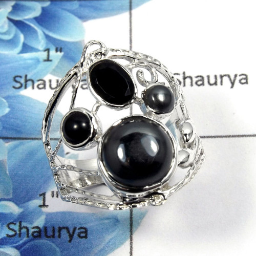 Hematite Cab & Black Onyx Cut C - SCR767 - Natural Hematite & Black Onyx Gemstone 925 Sterling Silver Casting Ring