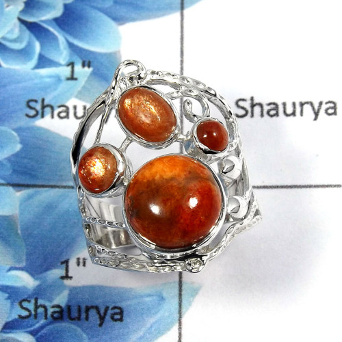 Red Copper Turquoise Cab & Sunstone Cab D - SCR767 - Indian Factory Made Solid 925 Sterling Silver Casting Ring