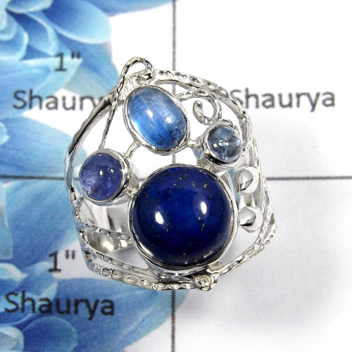 Lapis & Tanzanite Cab G - SCR767 - Natural Blue Lapis & Tanzanite Gemstone 925 Sterling Silver Casting Design Ring