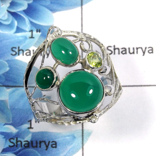Green Onyx Cab & Peridot Cut O - SCR767 - 925 Sterling Silver Natural Green Onyx & Peridot Gemstone Casting Ring