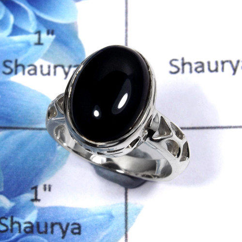 Black Onyx Cab C - SCR768 - Natural Black Onyx 10x14mm Oval Shape Gemstone 925 Sterling Silver Casting Ring