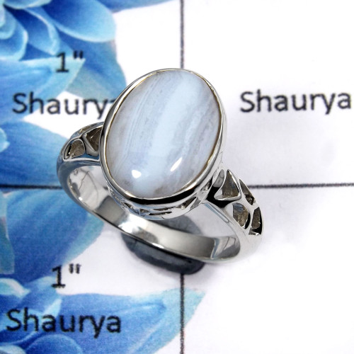 Blue Lace Agate Cab F - SCR768 - Amazing Natural Blue Lace Agate Gemstone 925 Sterling Silver Casting Ring