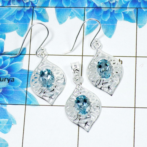 Blue Topaz Cut G - SCS986-Exclusive Cut Gemstone 925 Silver Pendant Earrings Set Handmade Design