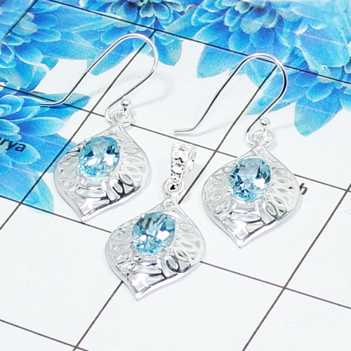 Blue Topaz Cut G - SCS986-Exclusive Cut Gemstone 925 Silver Pendant Earrings Set Handmade Design
