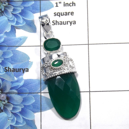Green Onyx Cut - A SD409 - Natural Green Onyx Cut Gemstone Solid 925 Sterling Silver Designer Pendant
