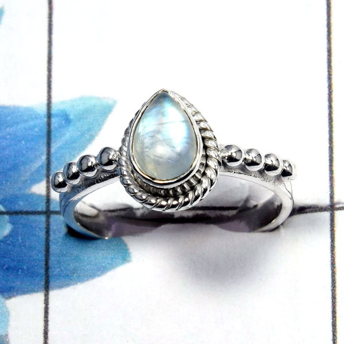 Rainbow Moonstone Cab D - SDR467 - Natural Rainbow Moonstone 5x8mm Pear Shape Gemstone 925 Silver Designer Ring Rainbow Moonstone Cab D - SDR467 - Natural Rainbow Moonstone 5x8mm Pear Shape Gemstone 925 Silver Designer Ring