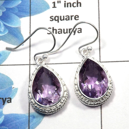 Amethyst Cut - B SDE511 - Solid 925 Sterling Silver Natural Amethyst Cut Gemstone Designer Earrings