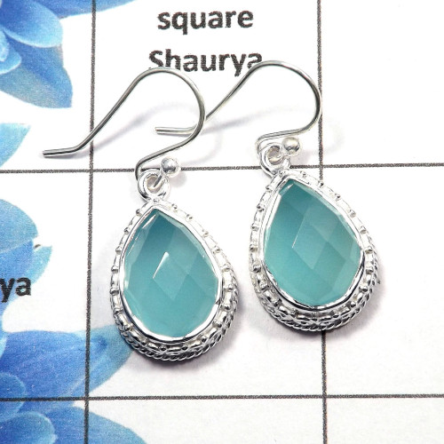 Blue Chalcedony Cut - C SDE511 - Natural Blue Chalcedony 10x14mm Pear Cut Gemstone 925 Silver Designer Earrings