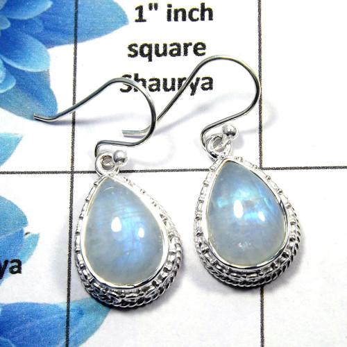 Rainbow Moonstone Cab - G SDE511 - Natural Rainbow Moonstone Gemstone Handmade Designer Earrings 925 Sterling Silver