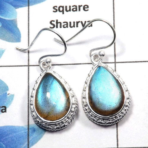 Labradorite Cab - H SDE511 - Solid 925 Sterling Silver Natural Blue Fire Labradorite Gemstone Designer Earrings