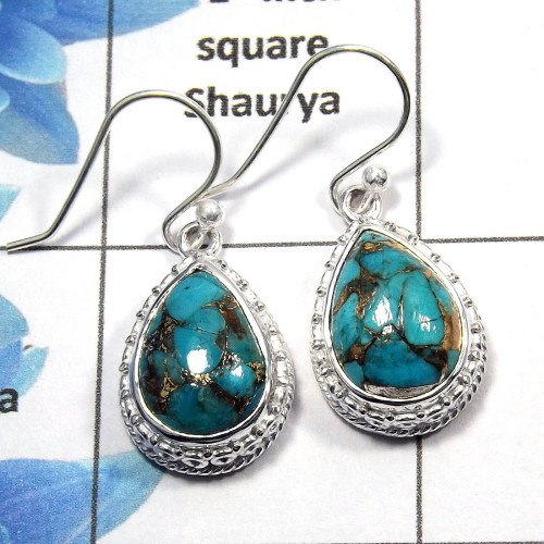Copper Turquoise Cab - H SDE511 - Indian Company Made Solid 925 Sterling Silver Designer Earrings Copper Turquoise Cab - H SDE511 - Indian Company Made Solid 925 Sterling Silver Designer Earrings