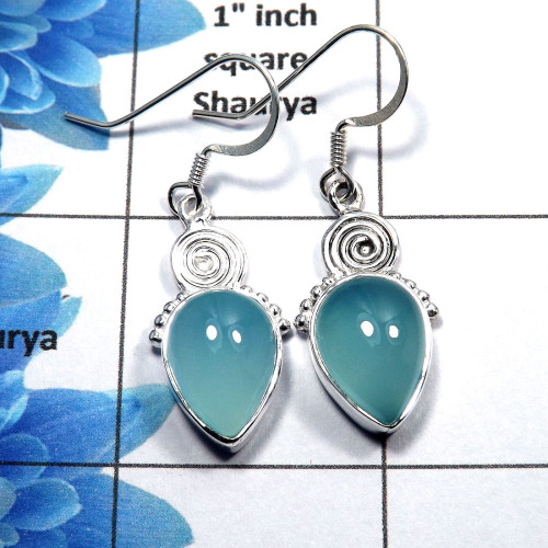 Blue Chalcedony - A SDE514 - Natural Blue Chalcedony Cab Gemstone Designer Earrings 925 Sterling Silver