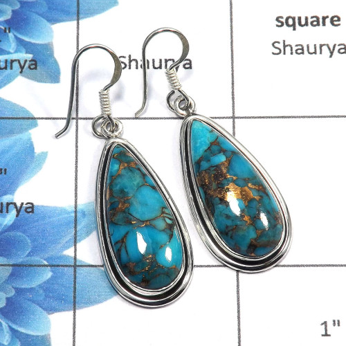 Blue Copper Turquoise Cab - B SDE516 - Solid 925 Sterling Silver Blue Copper Turquoise Gemstone Designer Earrings