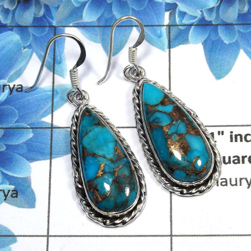 Blue Copper Turquoise Cab - C SDE516 - Awesome Blue Copper Turquoise Gemstone 925 Sterling Silver Designer Earrings