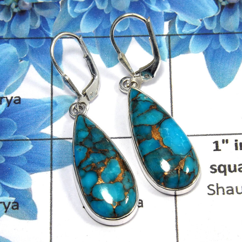 Blue Copper Turquoise Cab - O SDE516 - Newly Arrival Copper Turquoise Gemstone 925 Sterling Silver Designer Earrings Blue Copper Turquoise Cab - O SDE516 - Newly Arrival Copper Turquoise Gemstone 925 Sterling Silver Designer Earrings