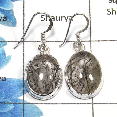 Black Rutile Cab - B SDE520 - Natural Black Rutile Gemstone Solid 925 Sterling Silver Plain Setting Earrings