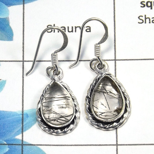 Black Rutile Cab - C SDE520 - Newly Arrival Natural Black Rutile Gemstone 925 Sterling Silver Plain Setting Earrings
