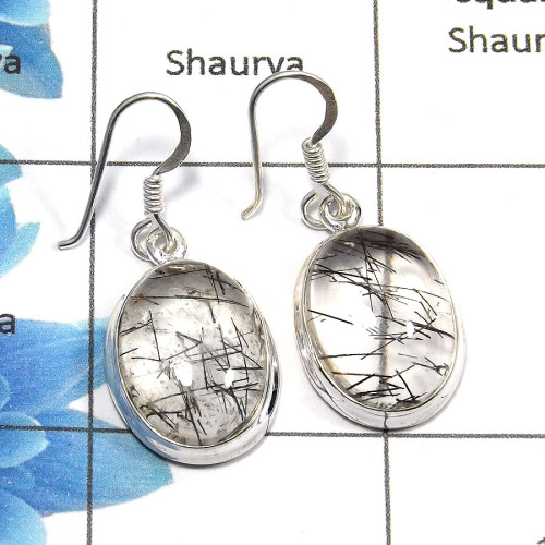 Black Rutile Cab - D SDE520 - Solid 92.5% Sterling Silver Natural Black Rutile Gemstone Plain Setting Earrings