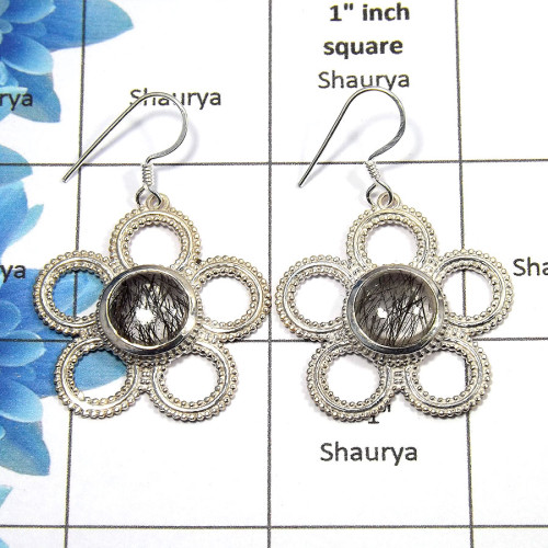 Black Rutile Cab - O SDE520 - Superb Natural Black Rutile Gemstone Solid 92.5% Sterling Silver Flower Designer Earrings