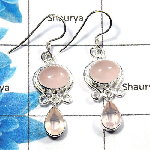 Rose Quartz Cut & Cab - A SDE527 - Natural Pink Rose Quartz Gemstone Solid 925 Sterling Silver Designer Earrings