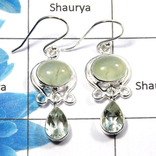Prehnite Cab & Green Amethyst Cut - C SDE527 - Indian Company Made Solid 925 Sterling Silver Designer Earrings