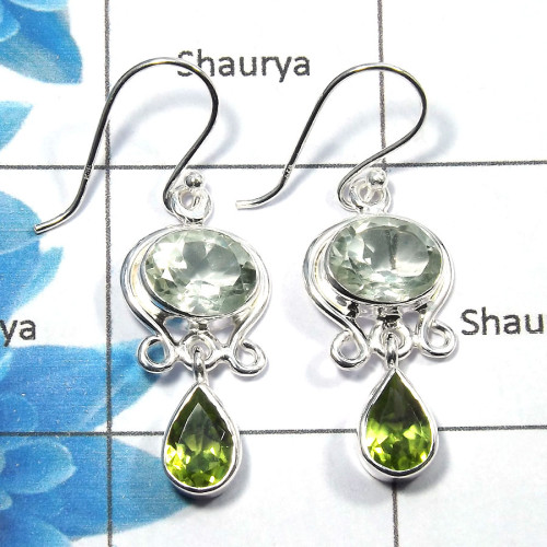 Green Amethyst & Peridot Cut - D SDE527 - Natural Green AMethyst & Peridot Cut Gemstone 925 Silver Designer Earrings