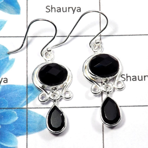 Black Onyx Cut - E SDE527 - Solid 92.5% Sterling Silver Natural Black Onyx Cut Gemstone Designer Earrings