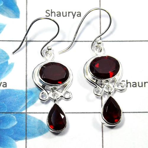 Garnet Cut - F SDE527 - Awesome Natural Red Garnet Cut Gemstone Solid 92.5% Sterling Silver Designer Earrings