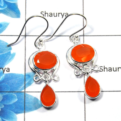 Carnelian Cut - O SDE527 - Newly Arrival Natural Carnelian Cut Gemstone Solid 925 Sterling Silver Designer Earrings