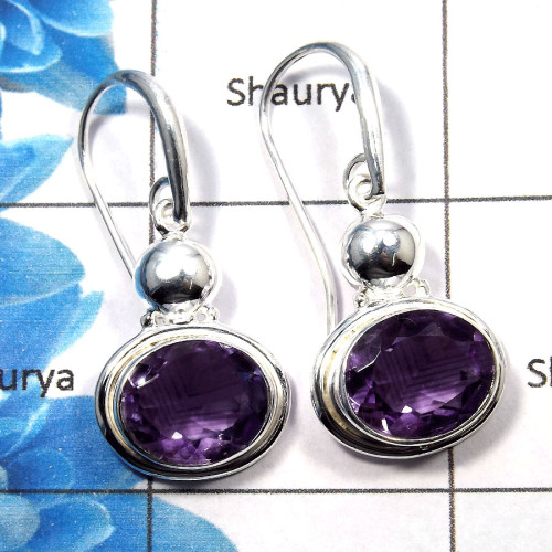 Amethyst Cut - B SDE531 - Solid 925 Sterling Silver Natural Purple Amethyst Cut Gemstone Designer Earrings