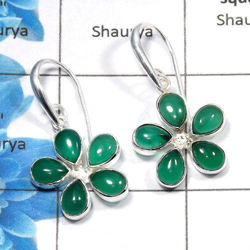 Green Onyx Cab - A SDE532 - Solid 925 Sterling Silver Natural Green Onyx Gemstone Flower Design Earrings