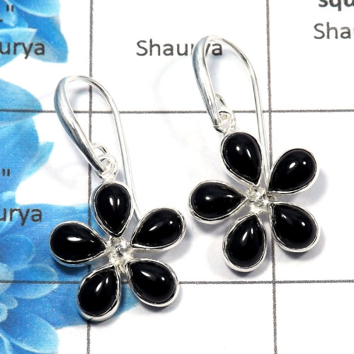 Black Onyx Cab - B SDE532 - Gorgeous Natural Black Onyx Gemstone Solid 925 Sterling Silver Flower Design Earrings