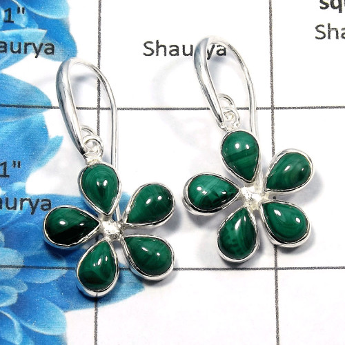 Malachite Cab - C SDE532 - Newly Arrival Natural Green Malachite Gemstone 925 Sterling Silver Flower Design Earrings