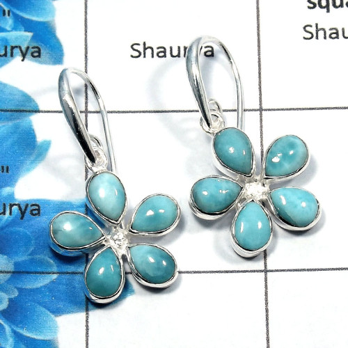 Larimar Cab - D SDE532 - Indian Company Made Solid 92.5% Sterling Silver Flower Design Earrings