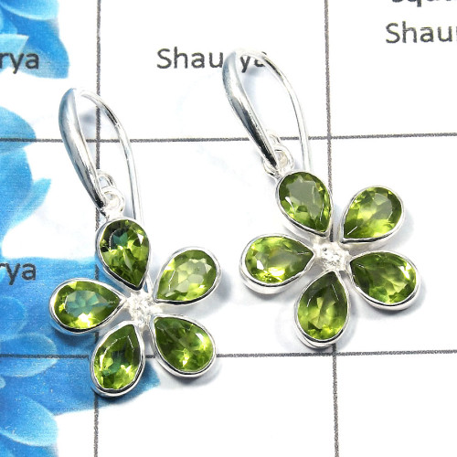 Peridot Cut - E SDE532 - Natural Green Peridot Cut Gemstone Solid 92.5% Sterling Silver Flower Design Earrings