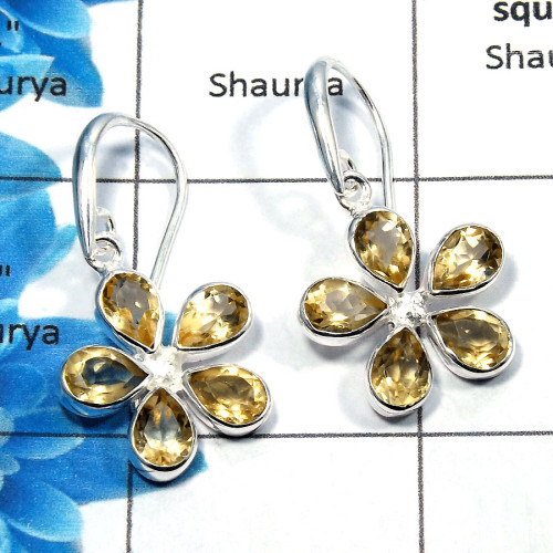 Citrine Cut - O SDE532 - Solid 92.5% Sterling Silver Natural Citrine Cut Gemstone Flower Design Earrings