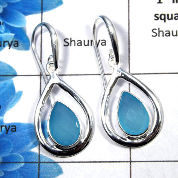 Blue Chalcedony Cut - A SDE533 - Natural Blue Chalcedony Cut Gemstone Solid 925 Sterling Silver Designer Earrings