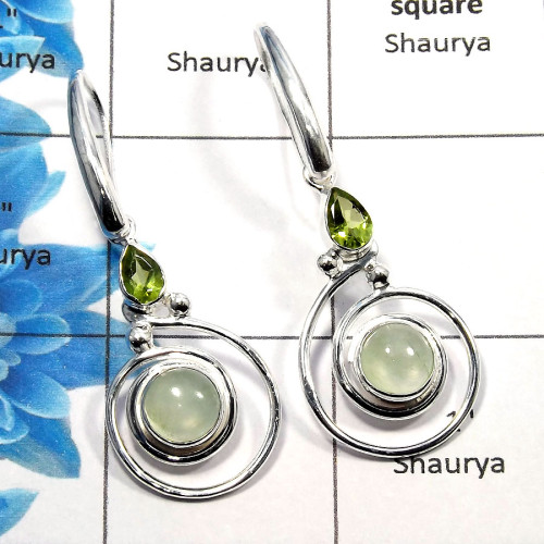 Prehnite Cab & Peridot Cut - B SDE534 - Solid 925 Sterling Silver Natural Prehnite & Peridot Gemstone Designer Earrings