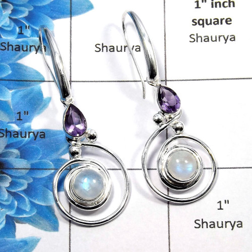 Rainbow Moonstone Cab & Amethyst Cut - C SDE534 - Indian Company Made Solid 925 Sterling Silver Designer Earrings