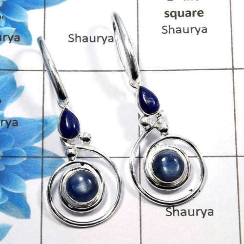 Kyanite & Lapis Cab - D SDE534 - Natural Blue Kyanite & Lapis Cab Gemstone 925 Sterling Silver Designer Earrings