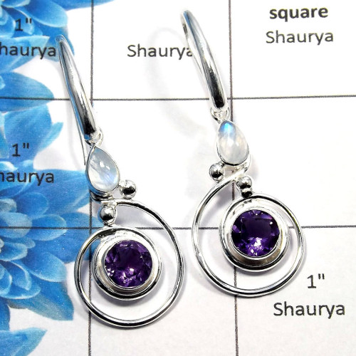 Amethyst Cut & Rainbow Moonstone Cab - O SDE534 - Indian Factory Made Solid 925 Sterling Silver Designer Earrings