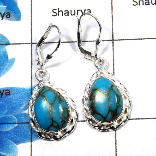 Blue Copper Turquoise Cab - F SDE539 - Indian Company Made Solid 925 Sterling Silver Lever Back Designer Earrings Blue Copper Turquoise Cab - F SDE539 - Indian Company Made Solid 925 Sterling Silver Lever Back Designer Earrings