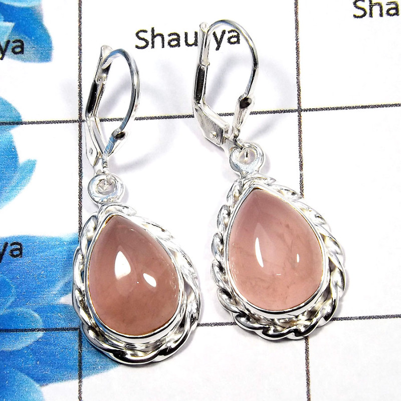 Rose Quartz Cab - G SDE539 - 925 Sterling Silver Natural Pink Rose Quartz Gemstone Lever Back Designer Earrings Rose Quartz Cab - G SDE539 - 925 Sterling Silver Natural Pink Rose Quartz Gemstone Lever Back Designer Earrings